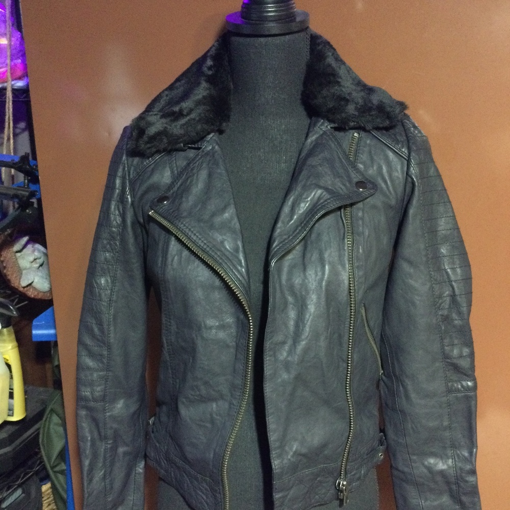 Parka London: Leather, Black Biker jacket with detachable faux fur trim XS